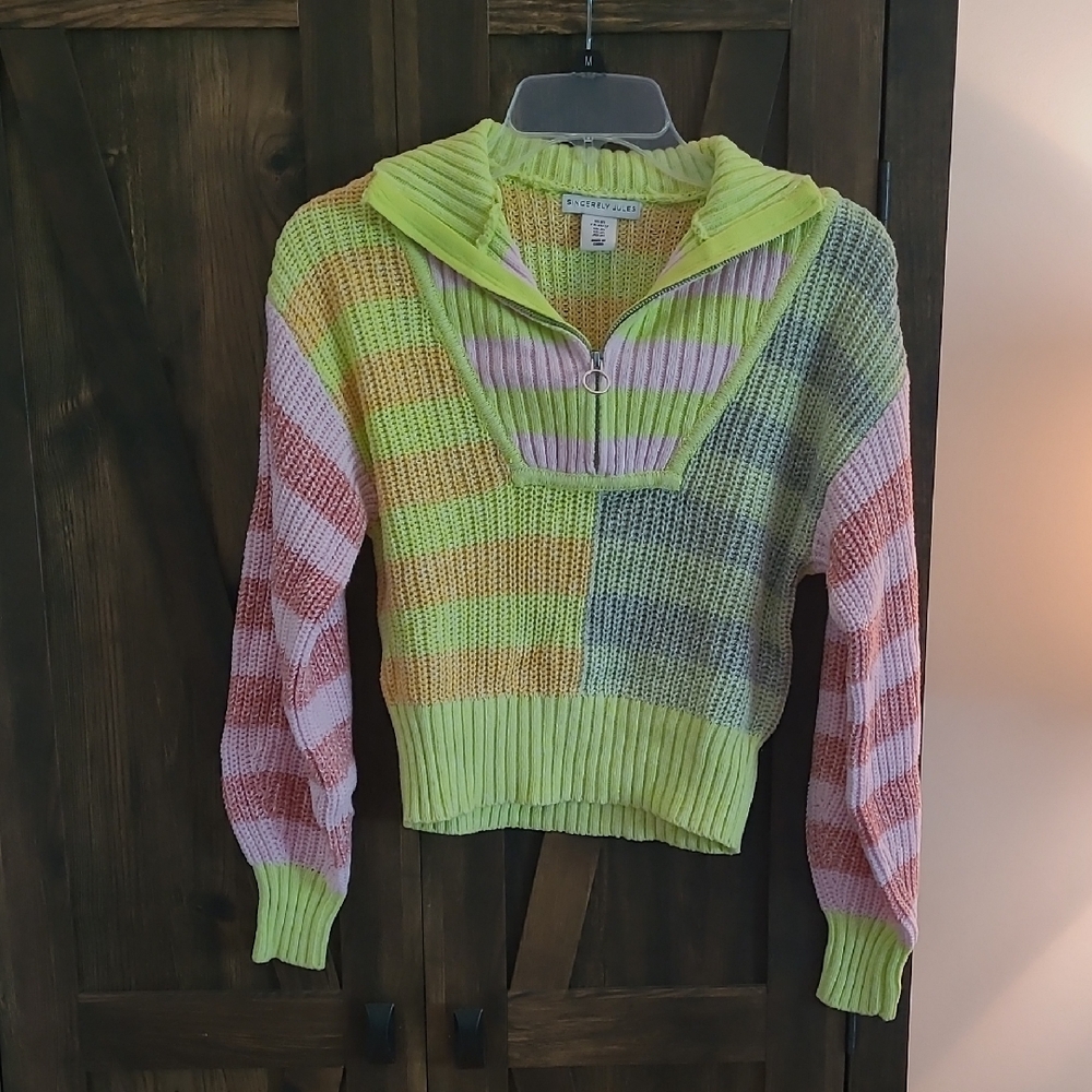 Sincerely Jules Green and Pink Turtleneck Sweater